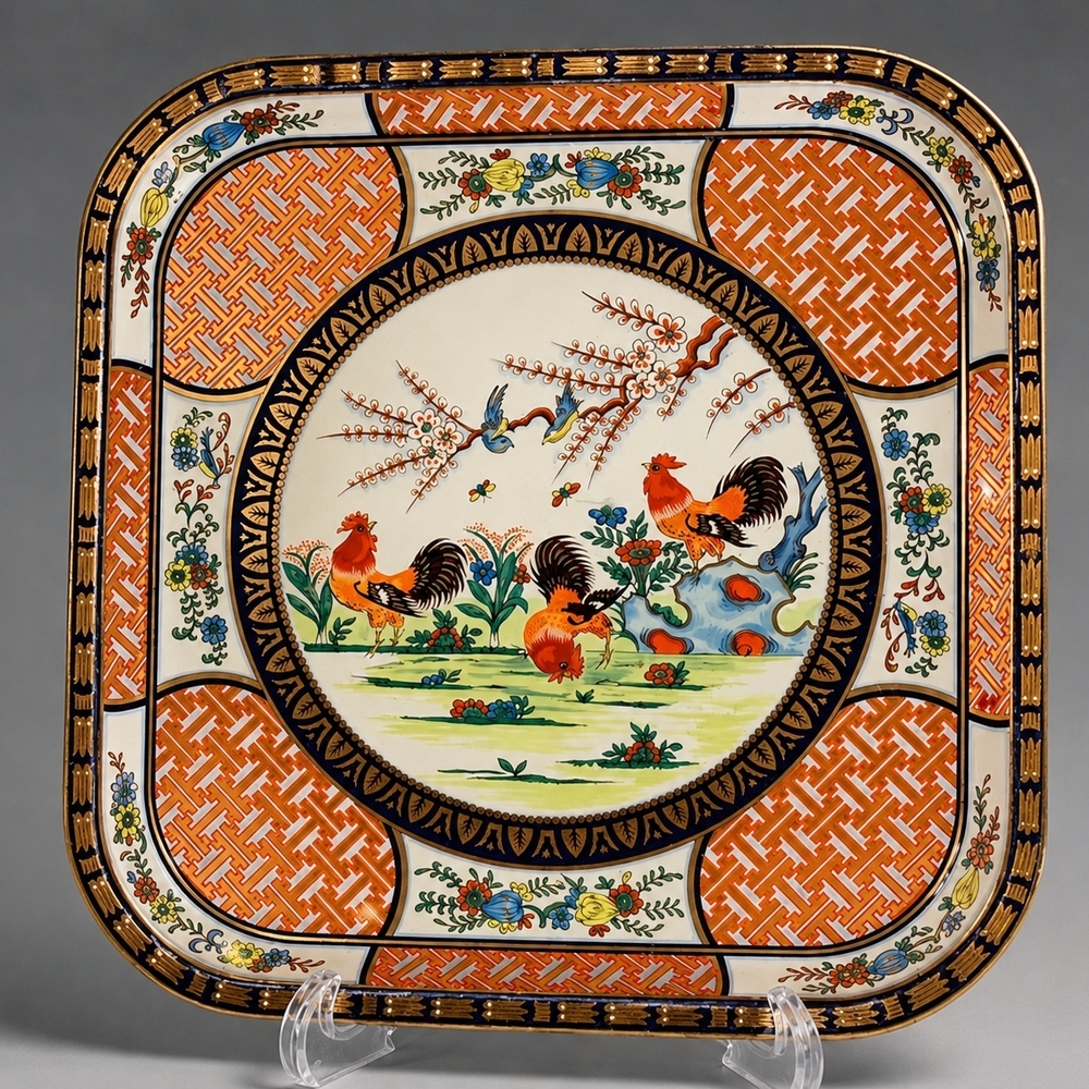 Hand-Painted Rooster Decorative Plate - Orange and Cream